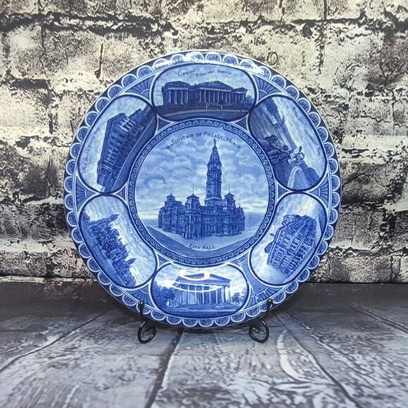 Antique Historical Philadelphia Souvenir Blue Plate by Howland & Marshellus Co - Picture 1 of 6